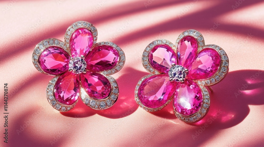 Pink Flower-Shaped Earrings with Sparkling Gemstones and Diamonds Pink Flower-Shaped Earrings with Sparkling Gemstones and Diamonds