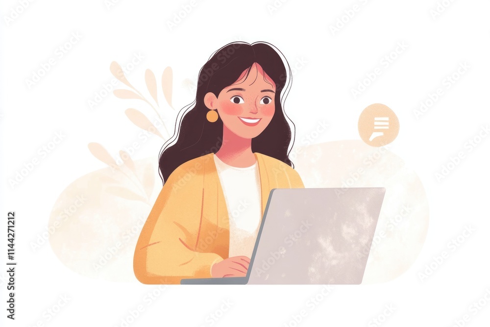 A smiling woman works on her laptop, showcasing modern technology and a relaxed work style. A smiling woman works on her laptop, showcasing modern technology and a relaxed work style.