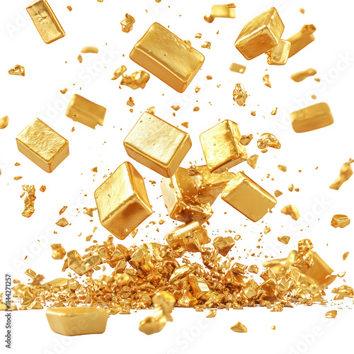 Flying Falling Gold Bars Isolated on Transparent Background photo