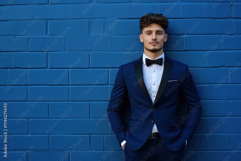Guy In Tuxedo. Handsome Man in Blue Tuxedo Standing confidently with Hand in Pocket Guy In Tuxedo. Handsome Man in Blue Tuxedo Standing confidently with Hand in Pocket