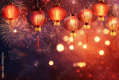 Chinese New Year lantern with fireworks in the background