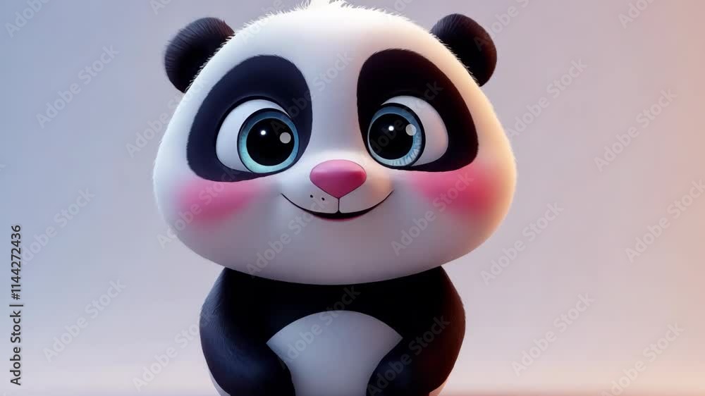 Cute cartoon panda character with big eyes and cheerful expression sits against a soft background Cute cartoon panda character with big eyes and cheerful expression sits against a soft background