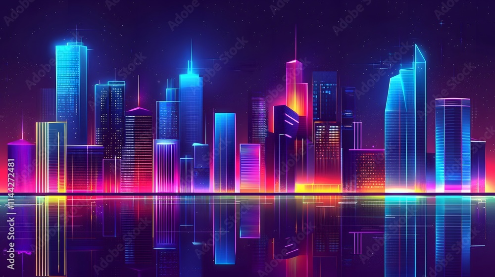 Urban Skyline with Neon Glow and Modern Design in Vector Urban Skyline with Neon Glow and Modern Design in Vector