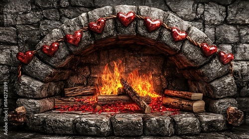 Romantic Fireplace  Burning Fire  Stone Arch  Red Hearts  Valentine s Day photo