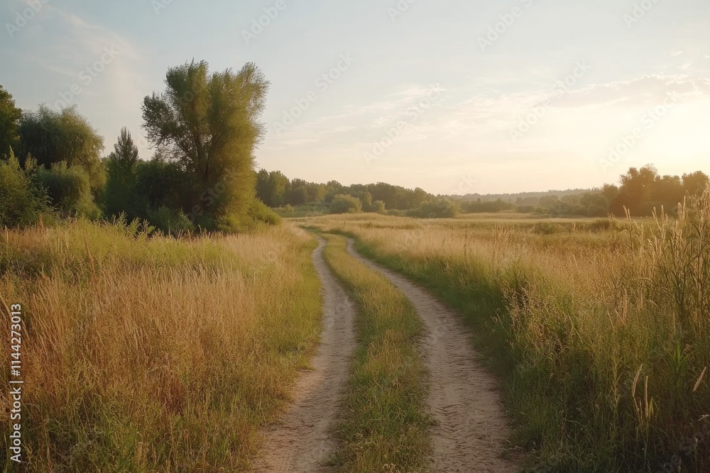 Fototapeta premium Winding dirt path through golden grass fields at sunset in a tranquil rural landscape