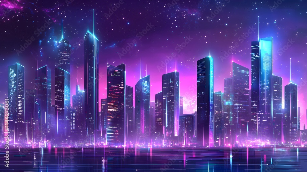 Sci-Fi Cityscape Vector with Neon Lights and Space Sci-Fi Cityscape Vector with Neon Lights and Space