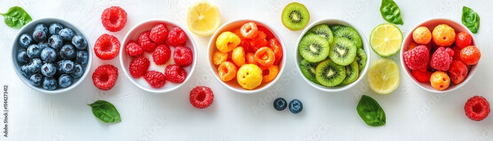 Colorful berry and citrus fruit display on white table fresh ingredients culinary inspiration bright environment Colorful berry and citrus fruit display on white table fresh ingredients culinary inspiration bright environment