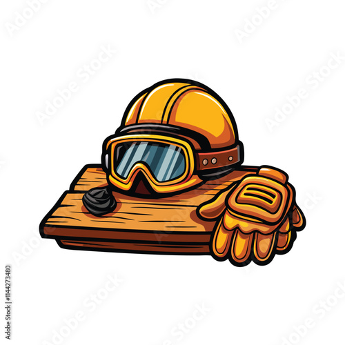Safety equipment meticulously arranged hard hat, protective gloves, and safety goggles on a workbench.  High-resolution, studio lighting.