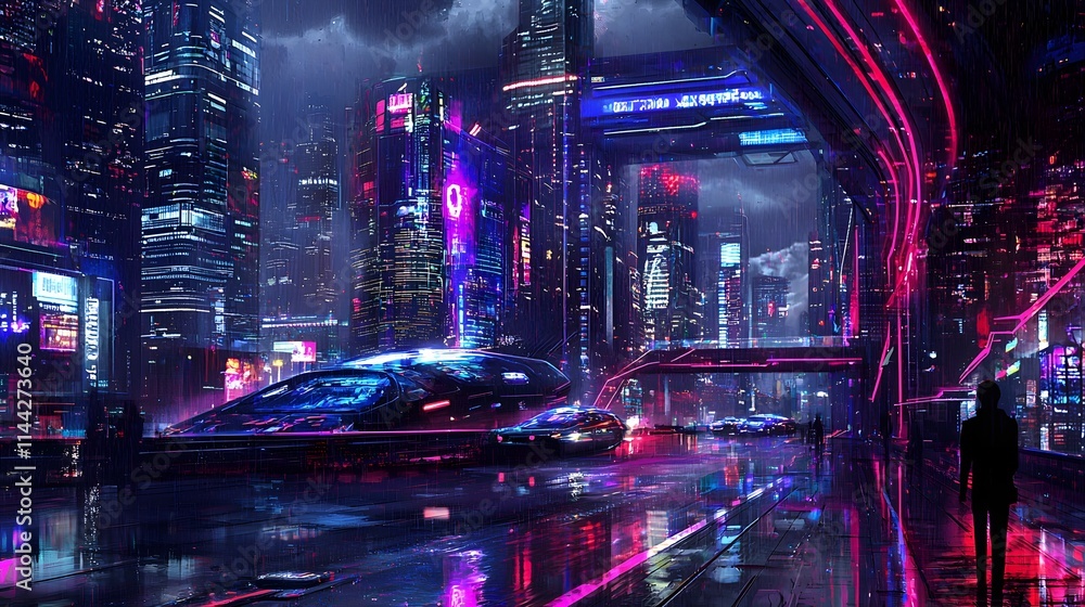 Futuristic Urban Scene with Neon Highlights in High-Tech Futuristic Urban Scene with Neon Highlights in High-Tech