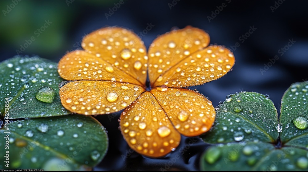 Dew-covered orange flower with green leaves. Dew-covered orange flower with green leaves.