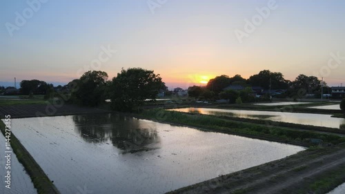 夕暮れの田園風景　ドローン後退