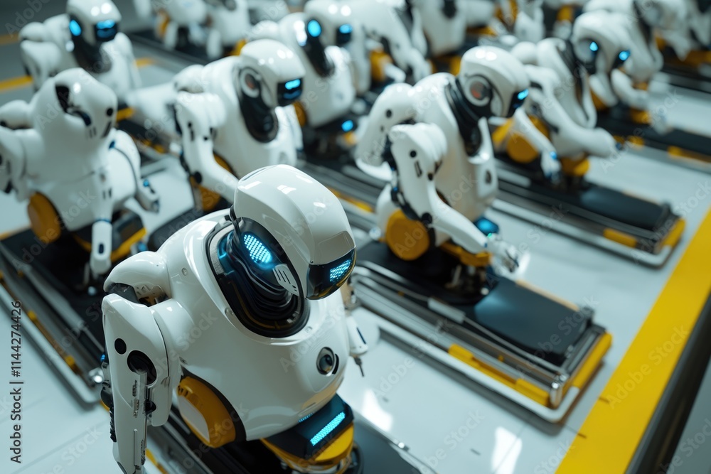 A production line of numerous white robots with blue lights, showcasing advanced automation. A production line of numerous white robots with blue lights, showcasing advanced automation.