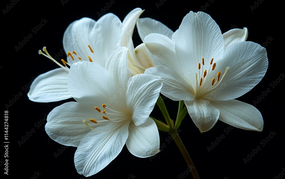 Obraz premium Three white lilies on black background, close-up, showing delicate petals and stamens.