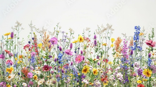 A field of vibrant flowers contrasts with a pure white background