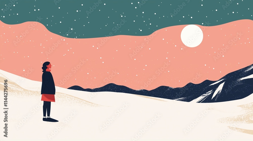 Obraz premium A flat illustration of an Asian woman standing in the snow, looking up at distant mountains and the moon, with simple colors and clean lines