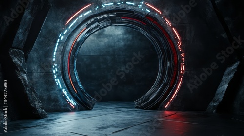 Fototapeta Naklejka Na Ścianę i Meble -  3D rendering of a dark room with a circular portal, a sci-fi tunnel entrance, a technological environment, glowing blue and red lights, a metal structure and a metal ring in the center