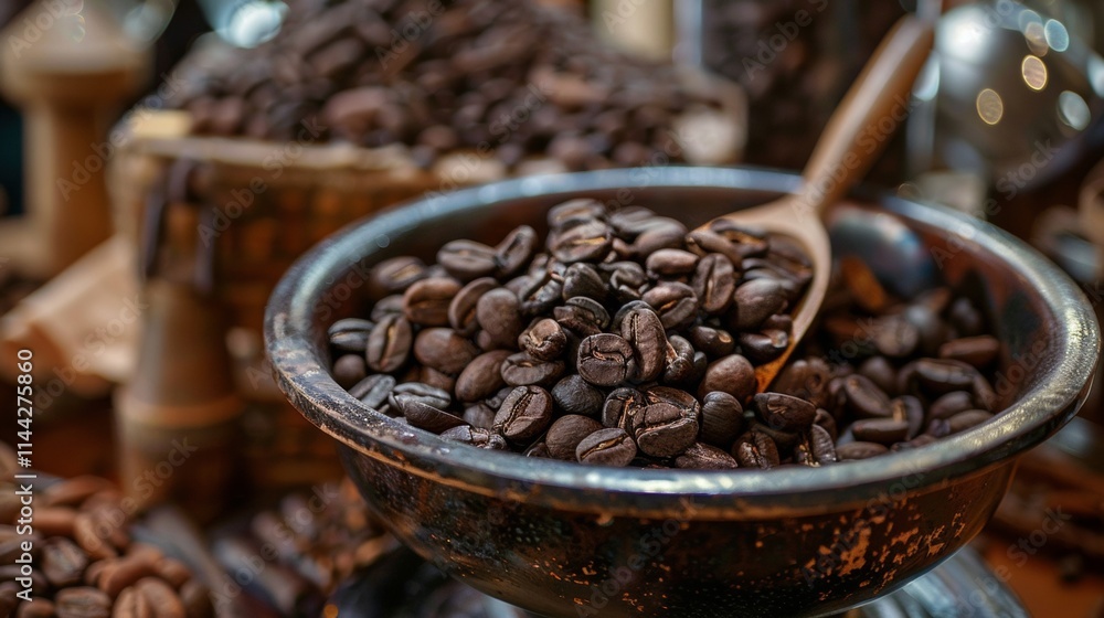 Fototapeta premium Close-up of coffee beans in a wooden bowl with spoon