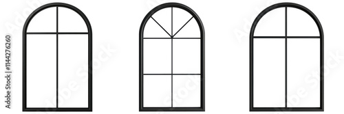 Three arched windows featuring distinct grid patterns, showcasing architectural design elements, white background, transparent background.