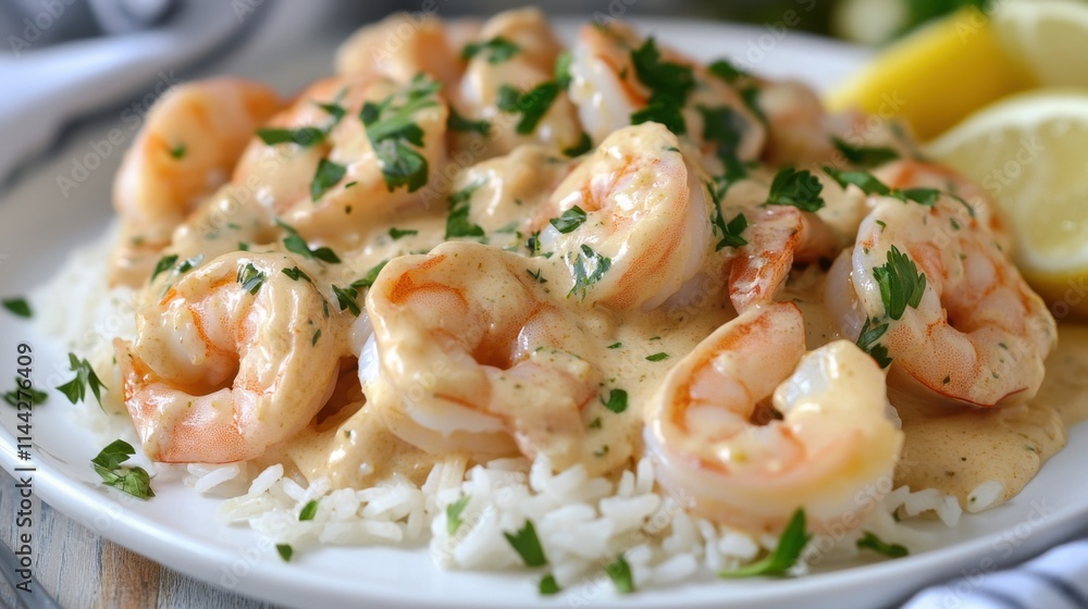 Creamy Garlic Shrimp with Rice and Fresh Herbs on Plate Creamy Garlic Shrimp with Rice and Fresh Herbs on Plate