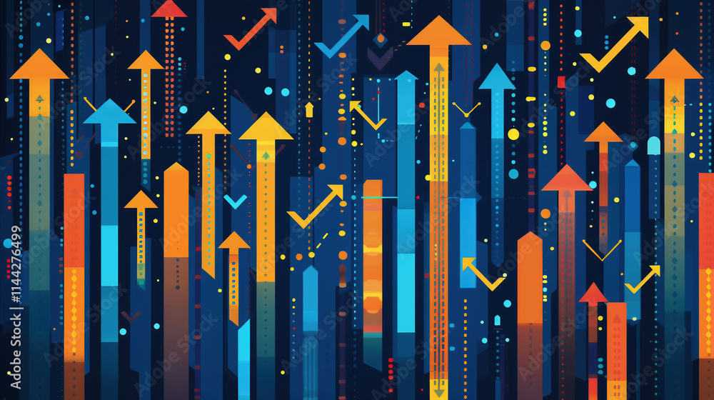 A digital graph with upward arrows, data bars, and financial stats held by a hand, set against a dark background. Concept of business growth and market trends A digital graph with upward arrows, data bars, and financial stats held by a hand, set against a dark background. Concept of business growth and market trends