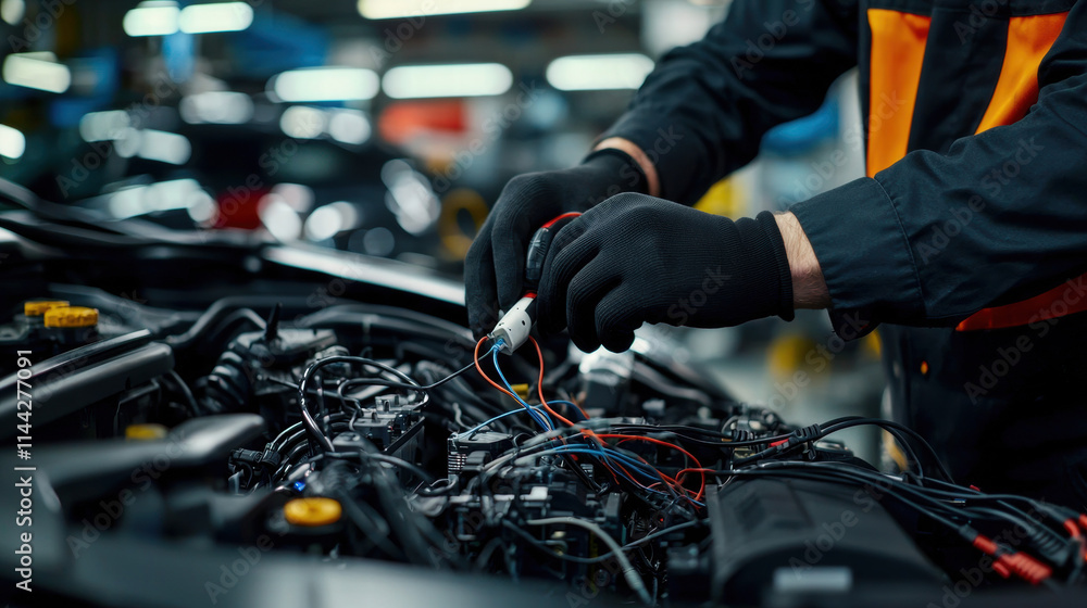 Mechanics repair engine testing. Mechanic working on car engine wires in a garage setting. Mechanics repair engine testing. Mechanic working on car engine wires in a garage setting.