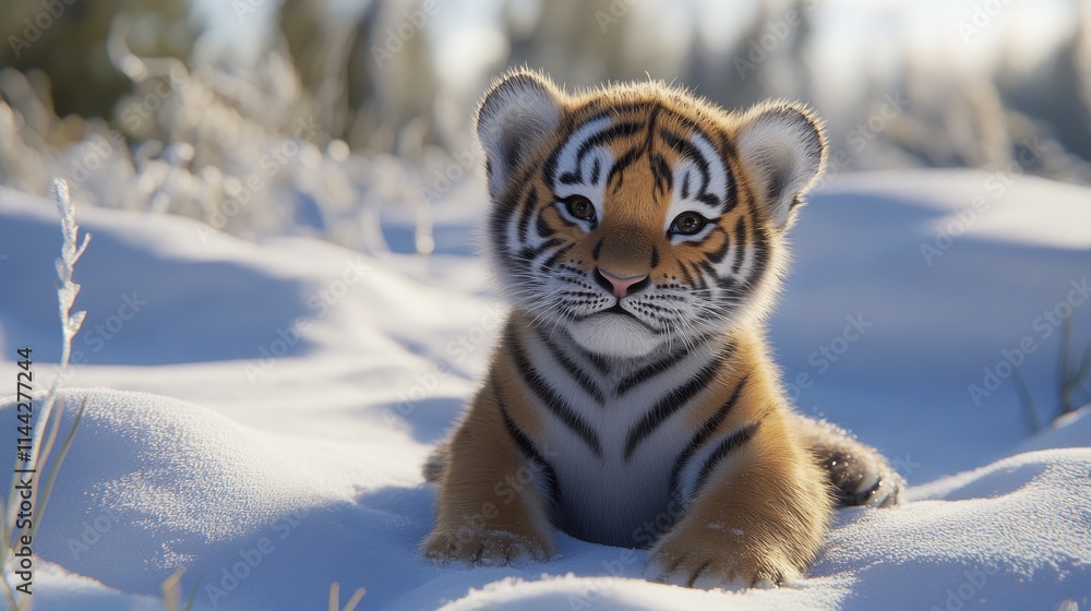 Obraz premium Adorable tiger cub in snowy winter landscape.