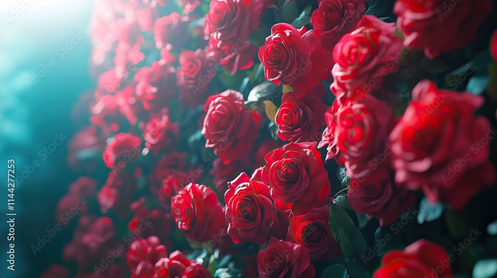 A dense arrangement of blooming red roses with green foliage in the background A dense arrangement of blooming red roses with green foliage in the background