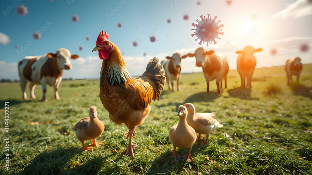 Fototapeta premium A rooster stands with ducks in a field, with bird flu viruses floating in the air