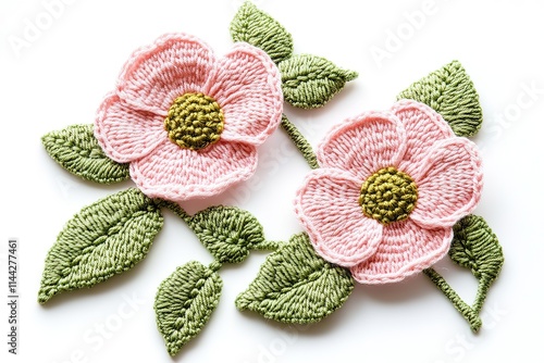 Delicate Hand-Embroidered Pink Flowers and Green Leaves on White Background