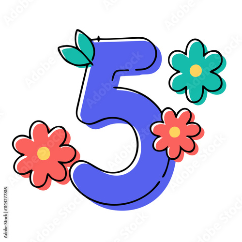 Colorful floral number five adorned with vibrant flowers on a white background