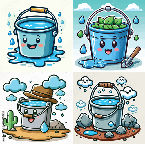 a set of buckets filled with water Art & Illustration