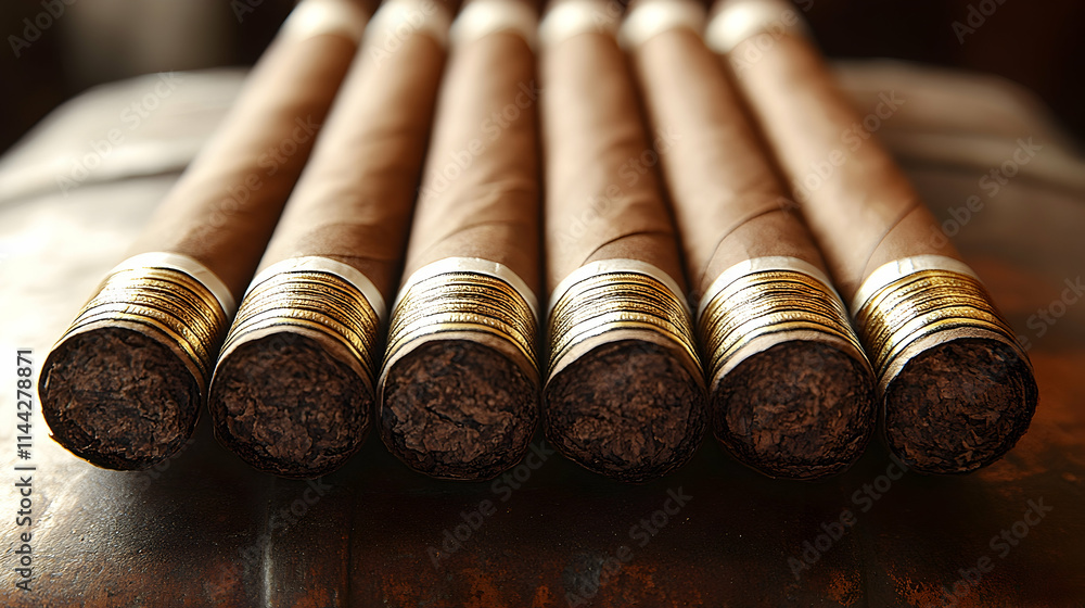 A row of premium cigars on a wooden surface. A row of premium cigars on a wooden surface.