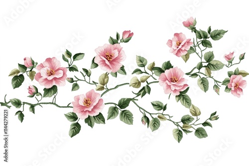 Elegant Embroidered Floral Border Design in Soft Pink and Green