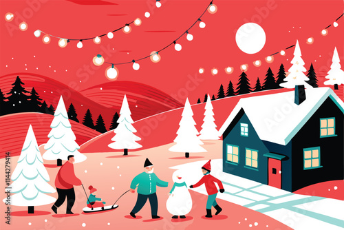 A joyous family playfully builds a snowman in a picturesque snowy landscape,  with a cheerful winter atmosphere.
