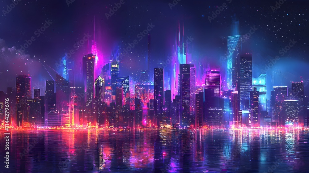 A vibrant cityscape of towering skyscrapers illuminated by a dazzling array of lights against the backdrop of a starry night sky A vibrant cityscape of towering skyscrapers illuminated by a dazzling array of lights against the backdrop of a starry night sky