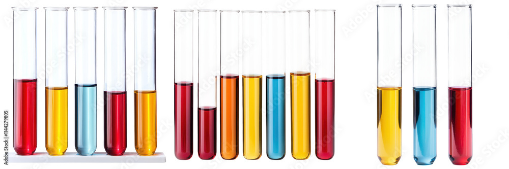 A variety of laboratory test tubes in different colors, arranged in groups with black caps and vibrant liquid contents, white background, transparent background. A variety of laboratory test tubes in different colors, arranged in groups with black caps and vibrant liquid contents, white background, transparent background.