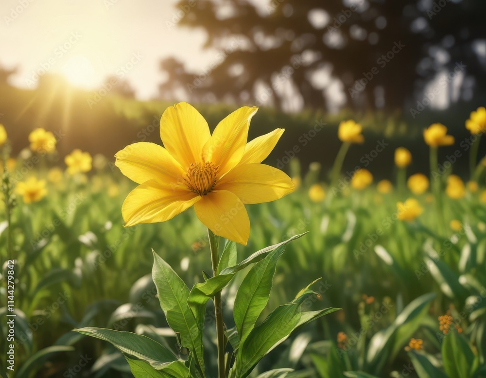 Obraz premium Large bright yellow petals unfolding from a sturdy green stem in a warm sunlit field, golden, outdoor