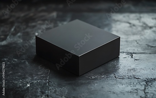 Square black box on dark textured surface.