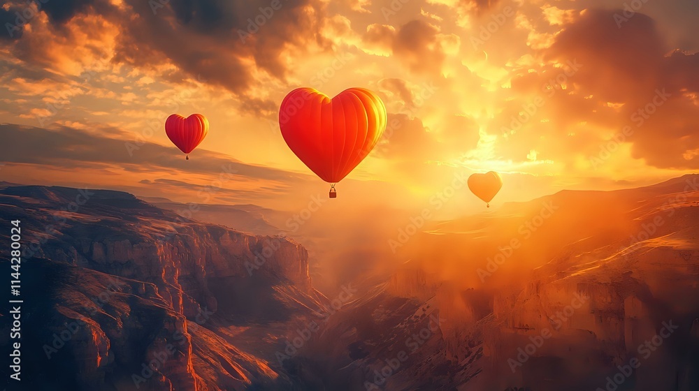 Obraz premium Radiant heart balloons in fiery orange and red soaring above a dramatic canyon bathed in golden light