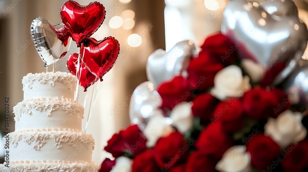 Red and silver heart balloons glowing softly near a grand wedding cake surrounded by fresh roses Red and silver heart balloons glowing softly near a grand wedding cake surrounded by fresh roses