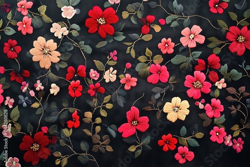 Wallpaper Mural Exquisitely Embroidered Floral Pattern on Black Net Fabric Torontodigital.ca
