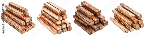 Stacked wooden logs arranged in various formations showcasing their natural grain and texture, white background, transparent background.