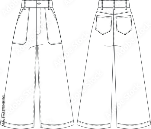 with pockets mid rise mid waist high rise high waist wide leg palazzo jean denim pant trouser template technical drawing flat sketch cad mockup fashion woman design style model 
