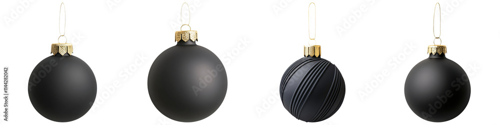 Four elegant black Christmas ornaments with gold tops, showcasing different textures and finishes, white background, transparent background.