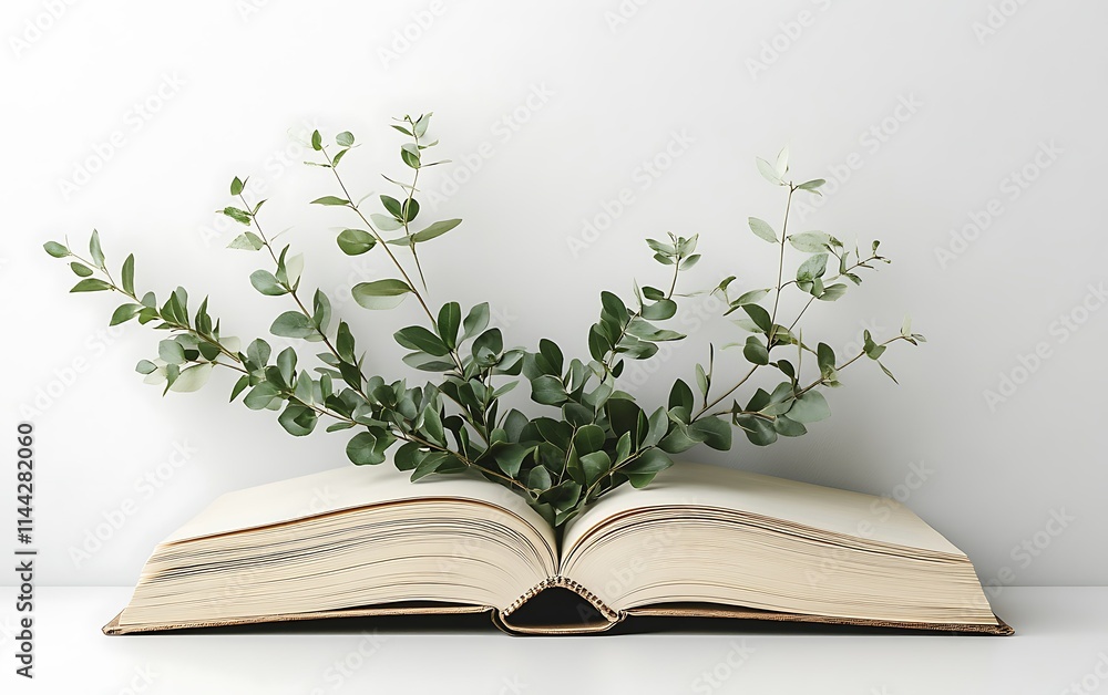 Open book with green plant sprigs emerging from its pages against a white background. Open book with green plant sprigs emerging from its pages against a white background.