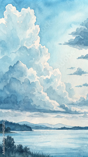 Lush clouds loom above a serene landscape, casting gentle shadows over the tranquil waters below.