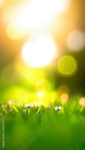 Sunlit grass with tiny white flowers.