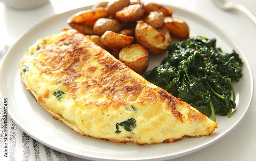 Delicious spinach and cheese omelette served with roasted potatoes. Delicious spinach and cheese omelette served with roasted potatoes.