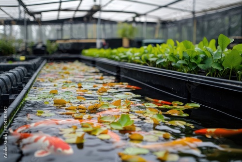 Colorful Koi Fish Swimming in a Greenhouse Pond photo