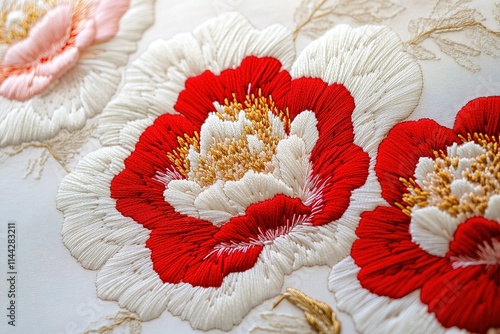 Fototapeta Naklejka Na Ścianę i Meble -  Close-up of intricate hand-embroidered peony flowers on fabric